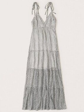 Abercrombie & Fitch Black/White Spotted Chiffon Pleated Maxi Dress